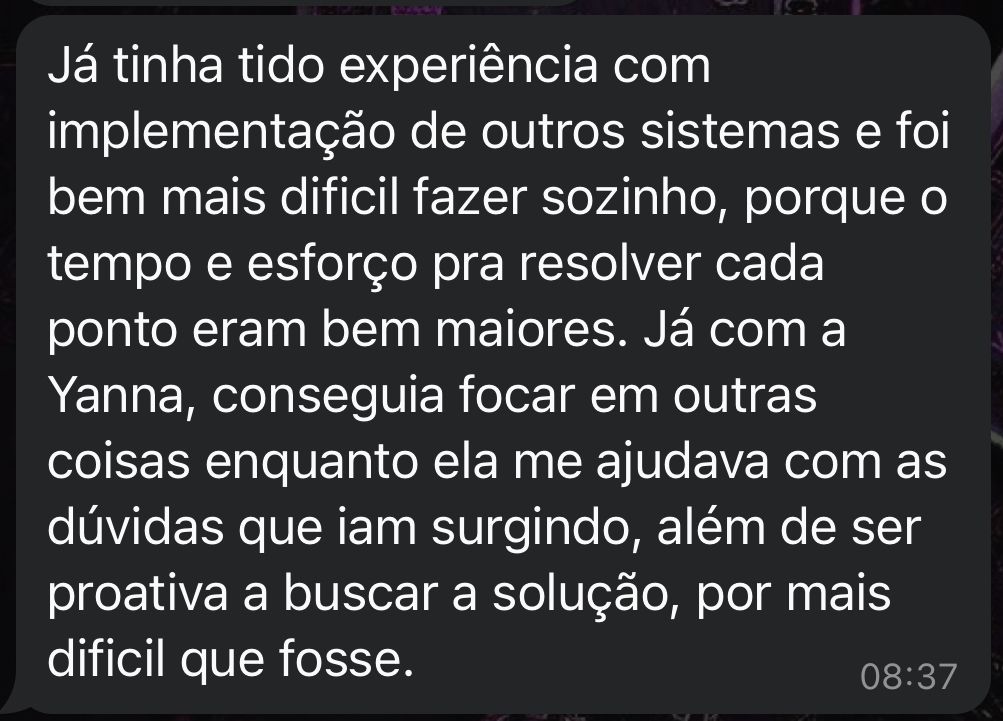 Depoimento de cliente sobre implantação de CRM — destaca proatividade e suporte da Yanna