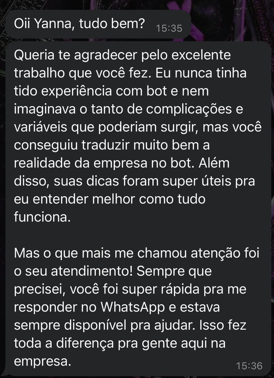 Depoimento de cliente sobre chatbot com IA — destaca atendimento rápido e disponibilidade