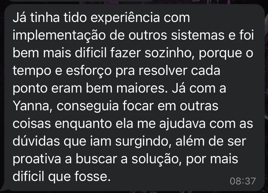 Print de WhatsApp: cliente conta que conseguiu focar no que importa