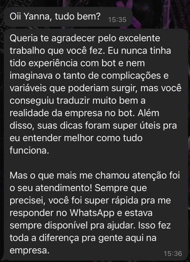 Print de WhatsApp: cliente agradece a implementação e o atendimento rápido