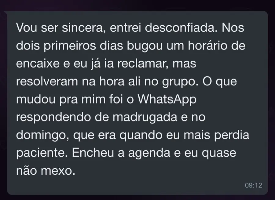 Print de WhatsApp: agenda encheu com atendimento automático de madrugada e fim de semana